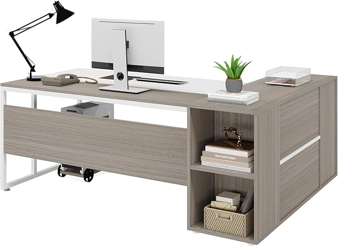 Tribesigns 71 inch Executive Desk L Shaped Desk with Cabinet Storage Executive Office Desk with Shelves Business Furniture Set Workstation for Home Office Gray and White
