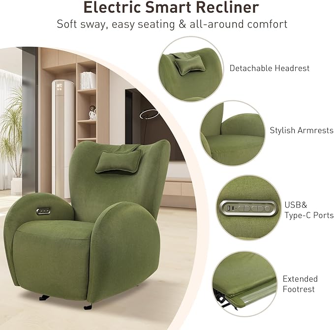 EONIX Stylish Power Glider Rocker Recliner Chair Dual Motor Independently Controlled Footrest and Backrest Detachable Headrest Lazy Boy Recliner Chair for Living Room SXXY010041 Olive Green