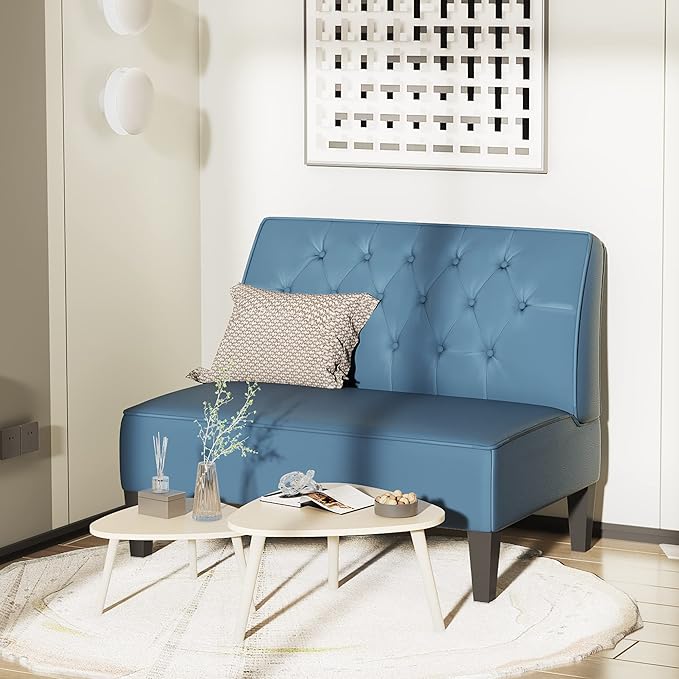 Alunaune Upholstered Blue Loveseat Bench Couch for Bedroom Modern Cushioned Armless Settee Small Love Seat Sofa Faux Leather Living Room Couch