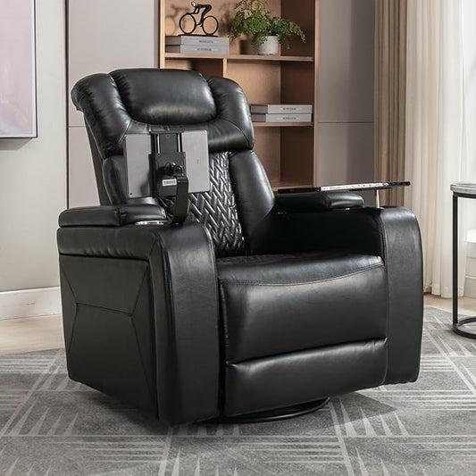 270 Degree Swivel Chair PU Leather Power Recliner Individual Seat with Comforable Backrest Tray Table Phone Holder Cup Holder USB Port Hidden Arm Storage for Living Room Home Theater Black
