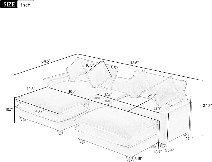 Sectional Sofa Chenille Upholstered with 2 Removable Ottoman 2 USB Ports 2 Cup Holders Large Storage Box for Living Room