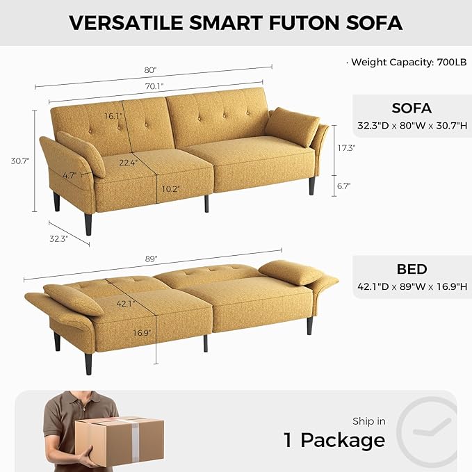 89” Futon Sofa BedComfy Futon Couch Bed with 2 Square PillowsConvertible Sleeper Sofa with Adjustable Backrest&amp Armrests Modern Loveseat Sleeper for Living Room Bedroom Linen Yellow