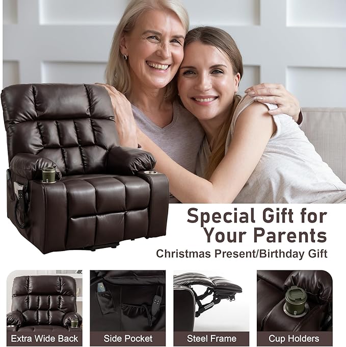 Oversized Power Recliner Chair for Big and Tall 400 LBS 25.5 Extra Wide Electric Lift Chair with Heat and Massage Dual Motor 180° Lay Flat Recliner Living Room Sofa PU Leather Big Recliner