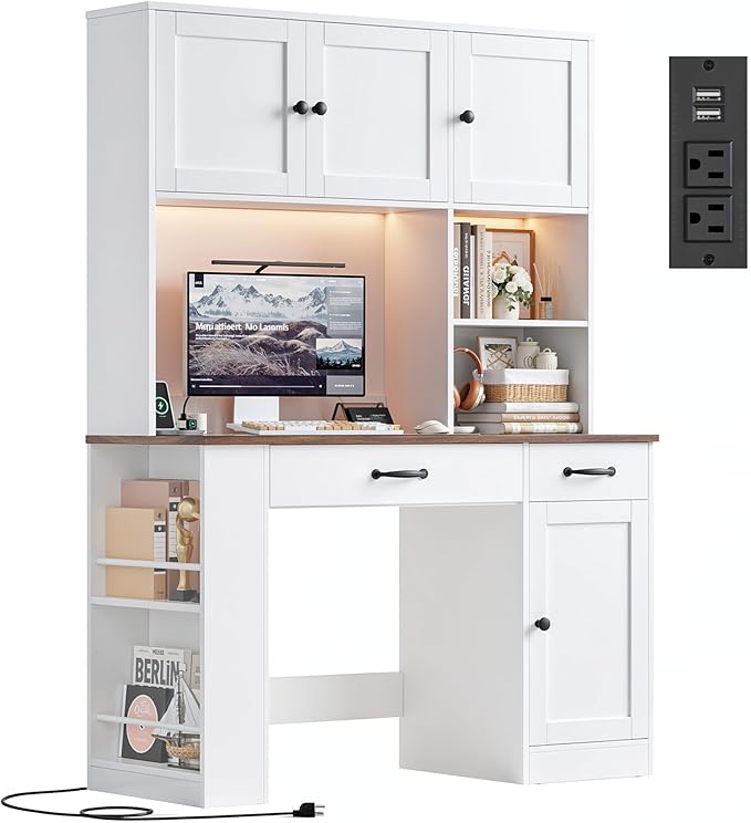 Keyluv 71 Tall Computer Desk with Hutch Cabinet Home Office Desk with Storage Drawers Shelves and Side Rack Wood Executive Desk with Doors Outlet Station and Smart LED Lights White