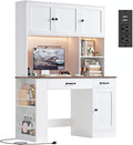 Keyluv 71 Tall Computer Desk with Hutch Cabinet Home Office Desk with Storage Drawers Shelves and Side Rack Wood Executive Desk with Doors Outlet Station and Smart LED Lights White