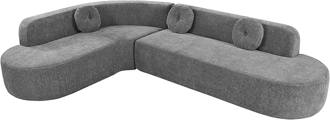 Mirod 122'' Extra Large Sectional Sofa Soft Fabric Upholstery Elegant Curved Design with Three Round Cushions Supportive Comfort Foam for Ultimate Relaxation (Grey@040)