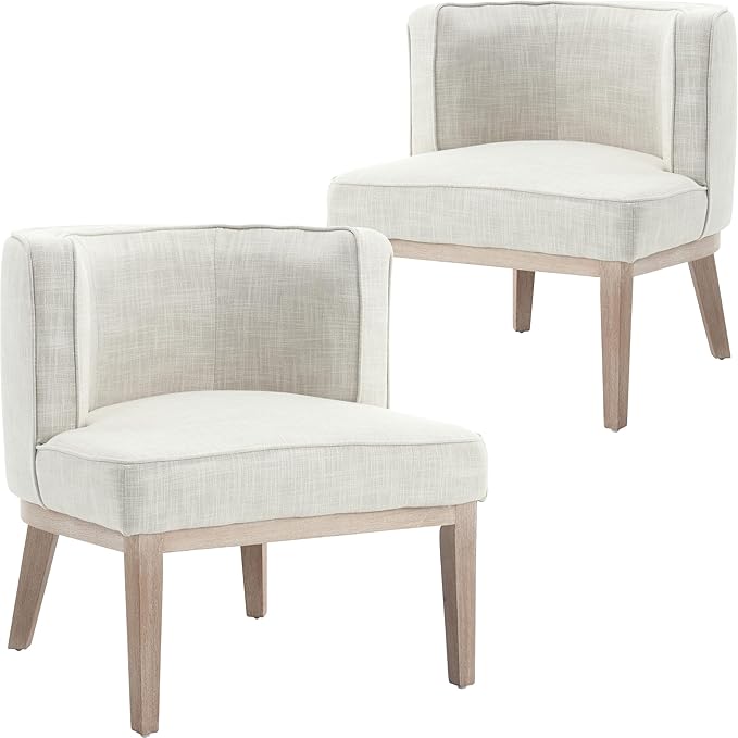 Wahson Set of 2 Farmhouse Style Comfy Living Room Chair Linen Upholstered Small Mid Century Round Accent Bedroom Chair for Small Spaces Beige