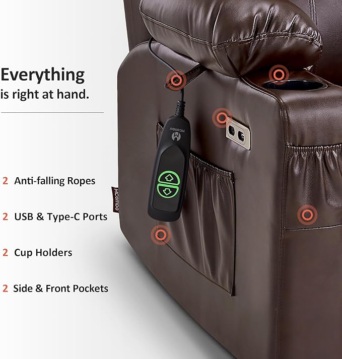 MCombo Power Lift Recliner Chair for Elderly Lift Chair with Heat and Massage FSC Certified USB Ports Cup Holders Faux Leather 7141 (Dark Brown Small)
