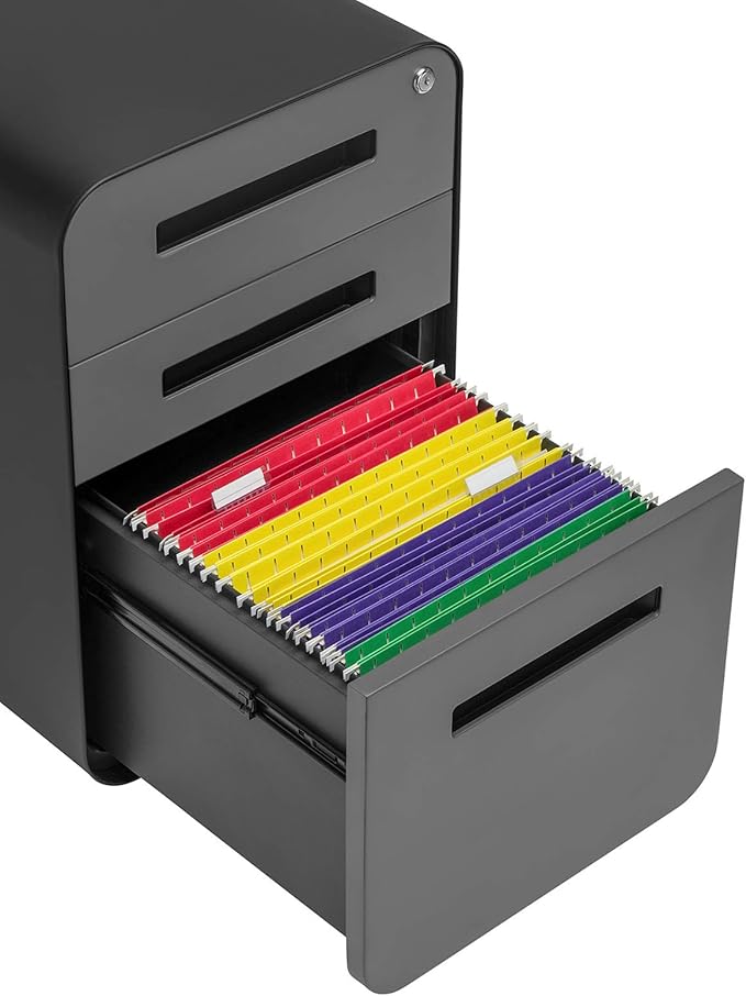 Laura Davidson Furniture Stockpile 3 Drawer File Cabinet with Lock - Under Office Desk Metal Filing Cabinet Legal/Letter File Folders Wheels and Stationary Feet Pre-Assembled Black/Grey