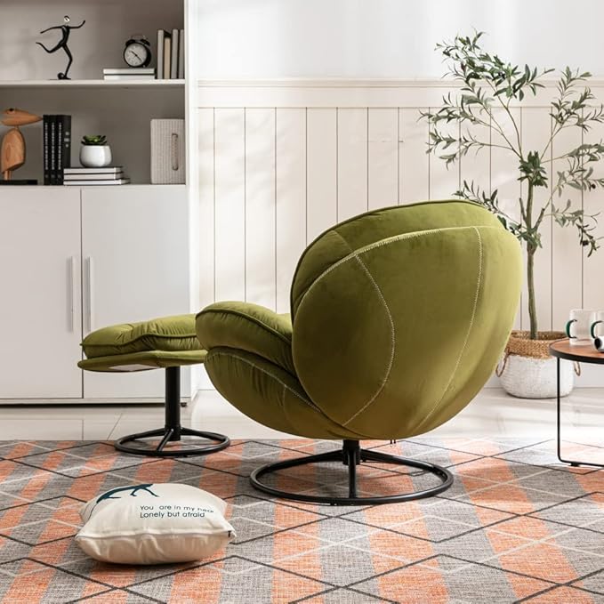 360° Swivel Chair with Ottoman Set Lounge Chair with Metal Base Frame &amp Footrest Velvet Accent Chair TV Chair Sofa Chair Upholstered Arm Chair Single Sofa for Living Room Bedroom Office Green