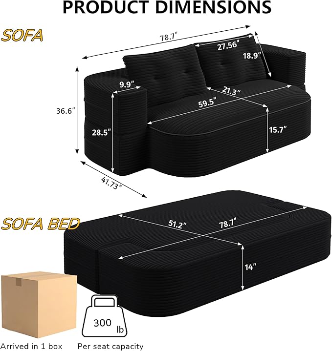 Aoowow Folding Sofa Bed with Blanket 78.7” Convertible Sleeper Sofa with Pillows Modern Corduroy Floor Loveseat Couch Comfy Foam Filled Couches Full Folding Mattress for Living Room Black