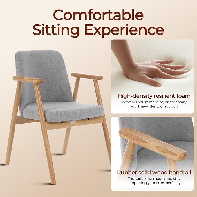 Accent Chair Mid Century Modern Armchair Comfy Reading Chair with Soft Seat &amp Solid Wood Legs for Living Room Office Bedroom Vanity (LightGray -1)