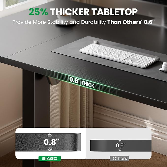 SIAGO Electric Standing Desk Adjustable - 48 x 24 Inch Sit Stand up Desk with 0.8 Inch Thick Tabletop - Adjustable Height Table with 3 Memory Preset Cable Management for Home Office