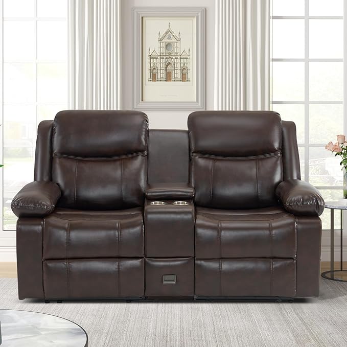 Loveseat Recliner Sofa with Massage &amp Heating Reclining Loveseat with Console RV Wall Hugger Double Loveseat Recliner Couch for Living Room &amp Home Theater (Brown)