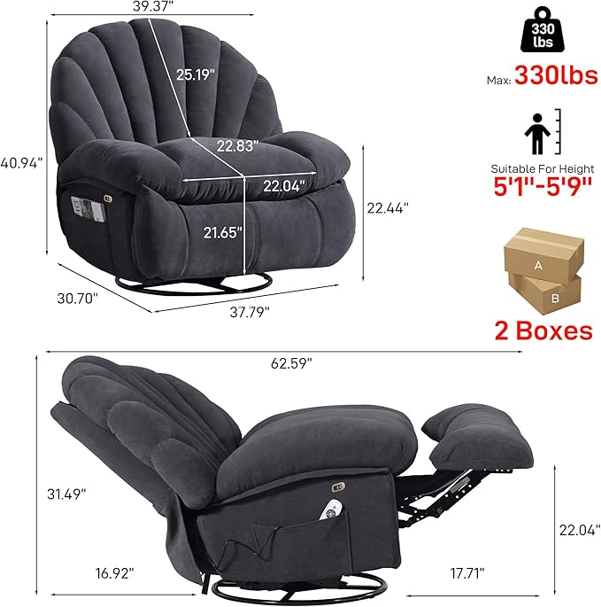 Power Recliner Chair Swivel Comfortable Soft Fabric Shell Shape with Storage 360 Swivel Electric Big Tall Single Reclining Sofa for Adults Living Room Bedroom(Gray)