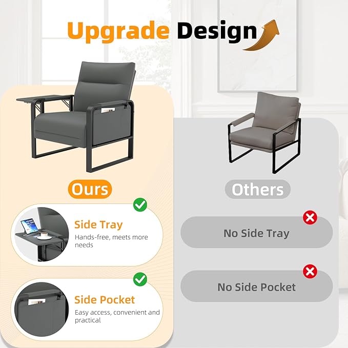 Faux Leather Accent Chair Upholstered Armchair with Side Tray &amp Pocket Comfy Reading Chair for Living Room Bedroom Guest Room Gray