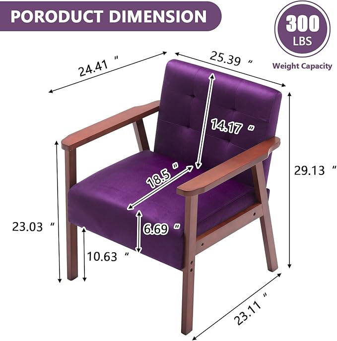 Anwick Mid-Century Modern Accent ChairPU Leather Living Room Chair with Solid Wood FrameComfy Armchair Lounge Reading Chairs for Bedroom Office (Purple)