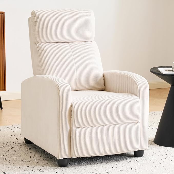 Furnimart Small Manual Recliner for Small Spaces Corduroy Reclining Chair with Chunky Overstuffed Cushion Single Sofa Recliner for Adults for Home Theater Living Room Bedroom Beige