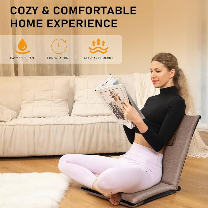 Floor Chair with Back Support 14-Position Adjustable Floor Chair Portable Ground Seating for Adults &amp Kids Foldable Meditation Seat with Japanese KOYO Bearings &amp Washable Linen Cover (Coffee)