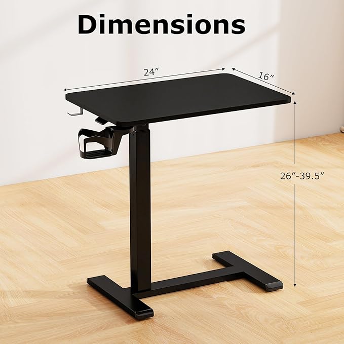 Tangkula Mobile Standing Desk Pneumatic Height Adjustable Rolling Desk with Cup Holder &amp Headphone Hook Overbed Table with Hidden Wheels Laptop Computer Cart for Couch Home Office (Black)