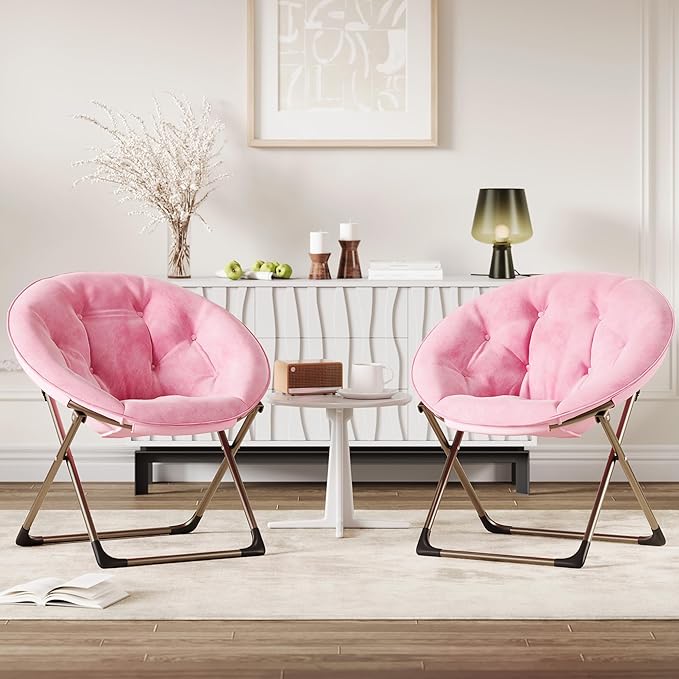 Saucer ChairFaux Fur Comfy Folding Chair with Folding Metal Frame Oversized Plush Flower Accent SeatLounge Moon Chair for Bedroom Dorm or Living RoomPink
