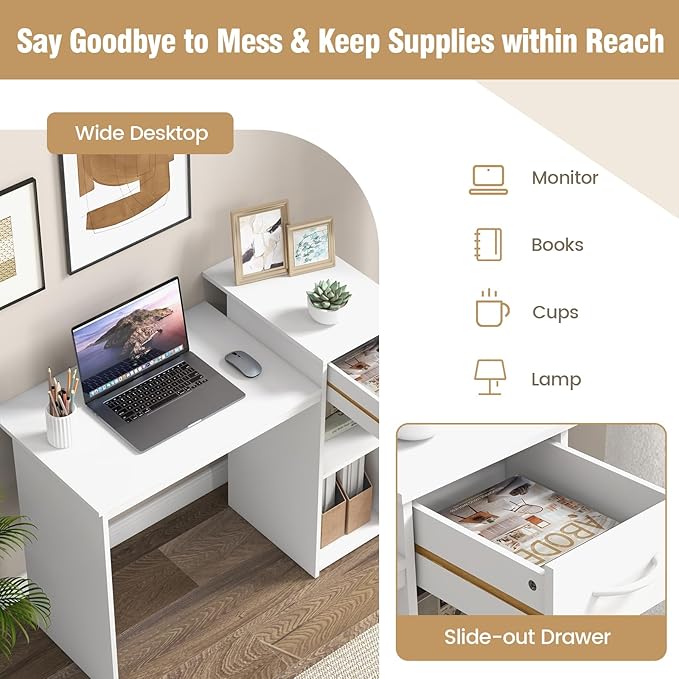 Computer Desk with Drawers 43.5’’ Writing Desk with Storage Shelves Wood Vanity Makeup Table Small Desk for Bedroom Living Room Study Home Office Small Space White (43.5'')