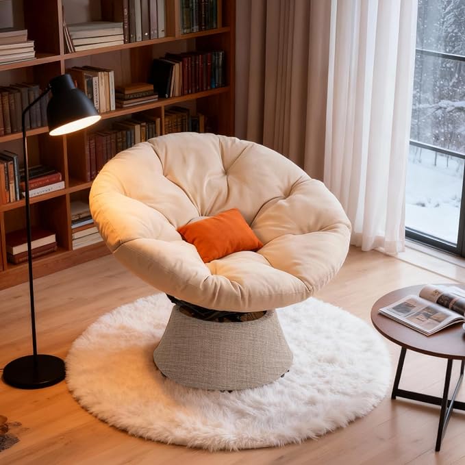 ONBRILL 43″ Ergonomic Papasan Chair with Soft Thick Cushion and Sturdy Steel Frame 360 Degree Swivel Chair for Living Room Bedroom Reading Room Patio Outdoor Beige