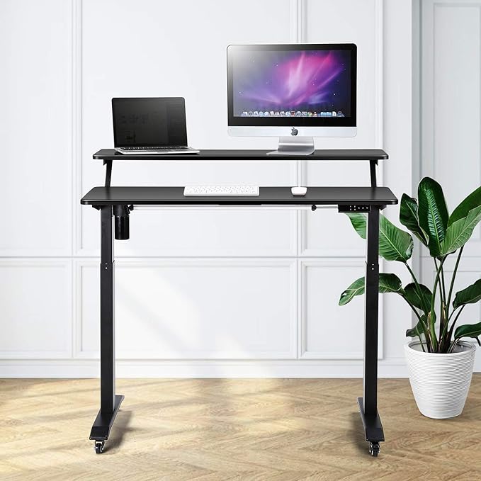 UNICOO Electric Height Adjustable 2-Tier Raising Desk with Wheels Mobile Standing Desk with Monitor Stand Ergonomic Adjustable Computer Table Electric Standing Game Table for Home Office