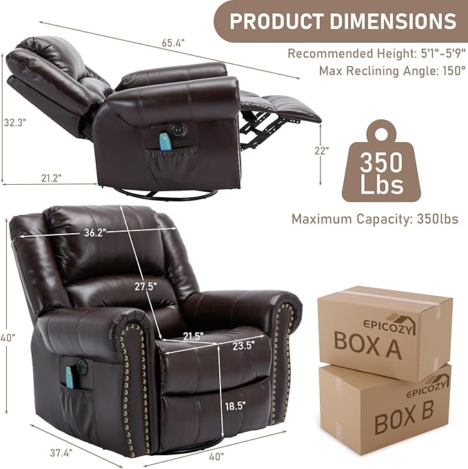 Manual Massage Swivel Rocker Recliner with Heat and Vibration 360° Swivel Glider Rocking Recliner Chair Classic Living Room Lounge Recliners with Side Pockets &amp USB Ports Brown