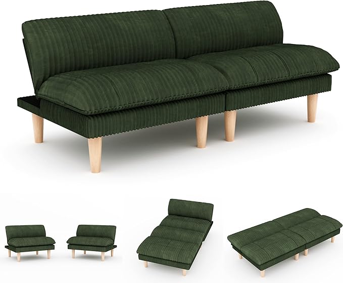 3 Sets 69 Futon Sofa Bed 4 in 1 Multi-Function Couch Sleeper with Adjustable Backrest Modern Convertible Futon Recliner Small Loveseat for Living Room Plush Green