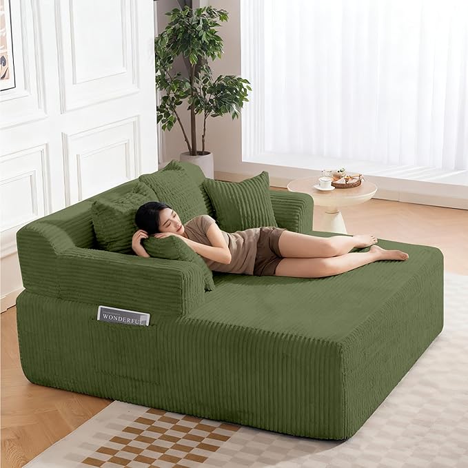 58 Inch Chaise Lounge Chair Indoor Corduroy Boneless Sofa Bed Deep Seat Sleeper Couch Reading Chairs Upholstered Comfy Cloud Sofas Couches for Living Room No Assembly Required Green