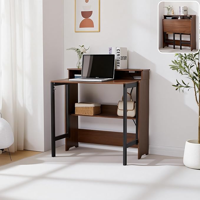 Fold Out Desk with Power Outlets Small Foldable Table with Storage ShelfSpace-Saving Hidden Desk for Bedroom Living Room &amp Office (Walnut)