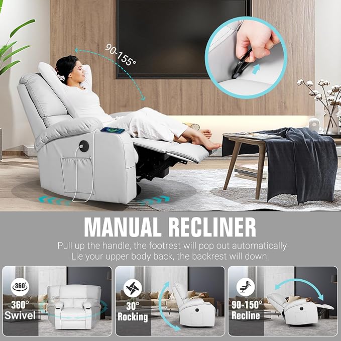 LEVELEVE Rocking Recliner Chair Massage Chair with Vibration Massage and Heat USB and Type-C Ports360° Swivel Faux Leather Chairs Living Room Bedroom Nursery RV Light Grey