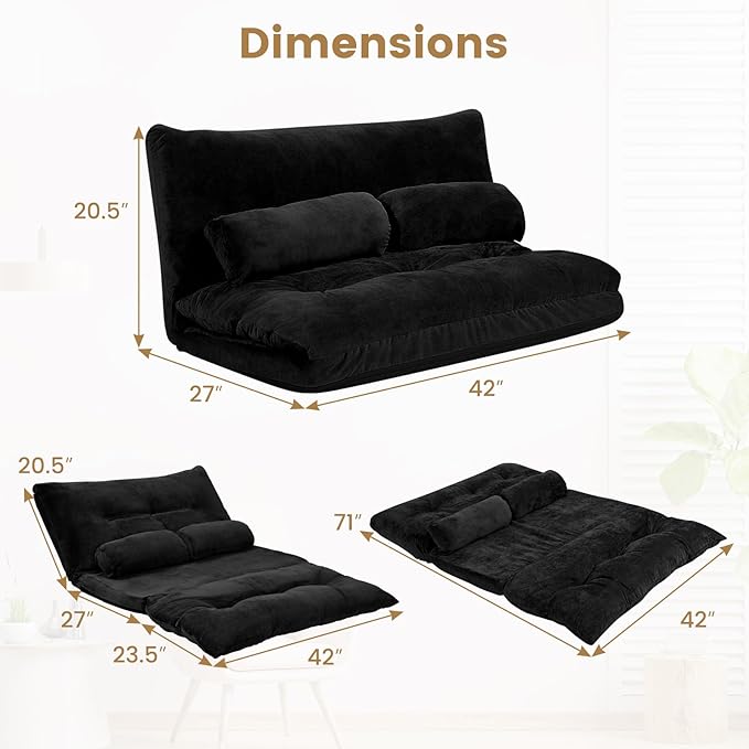 KOMFOTT Foldable Floor Lazy Sofa with 2 Pillows 6-Position Adjustable Reclining Sofa Sleeper Bed Convertible Futon Couch Bed Floor Couch Lounge for Relaxing Reading Playing Gaming (Black)