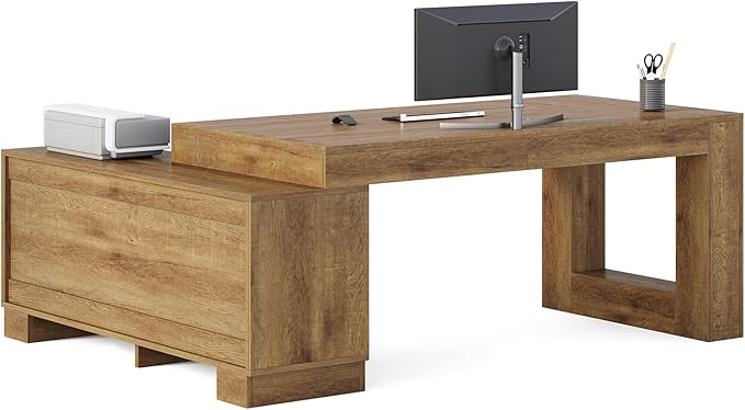 LITTLE TREE 63 L Shaped Executive Desk with Storage Farmhouse Home Office Desk with 2-Tier Cabinets and Shelves Large Wooden Computer Table Business Furniture Workstation Set Brown