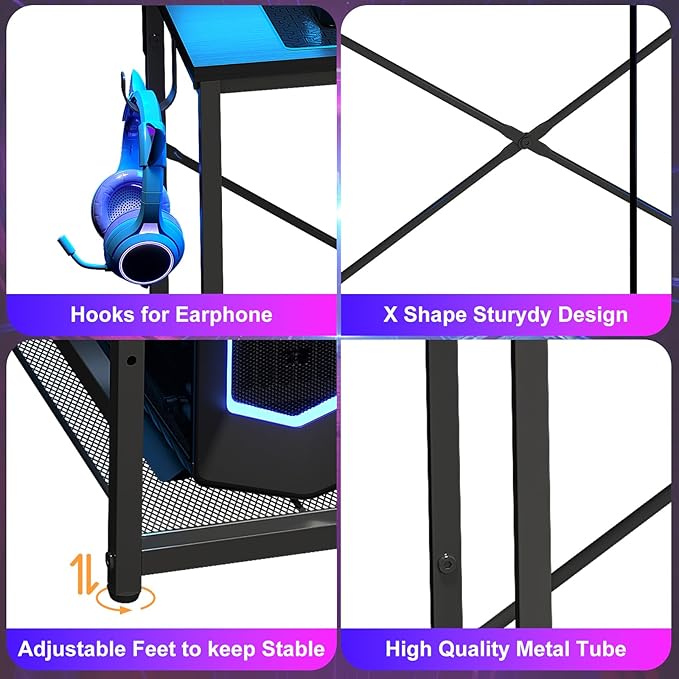X-cosrack 33.5 Small Gaming Desk with LED Lights &amp Power Outlets Compact Computer Desk with Monitor Stand &amp CPU Stand Gamer Table with Storage Drawer Side Hooks for Home Office Bedroom B