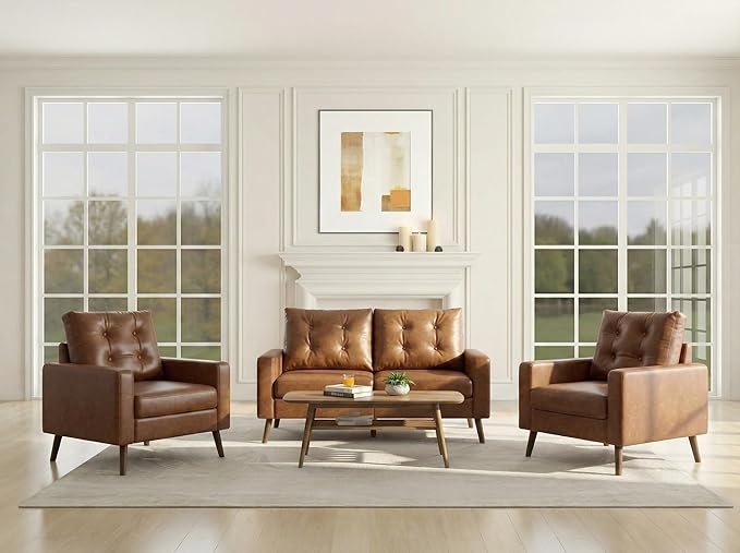 HNY Set of 2 Mid Century Modern Armchair Button Tufted Faux Leather Accent Chair with Arm Upholstered Club Chair for Living Room Bedroom Rubber Wood Legs Caramel 29.1D x 32.3W x 33.1H Inch