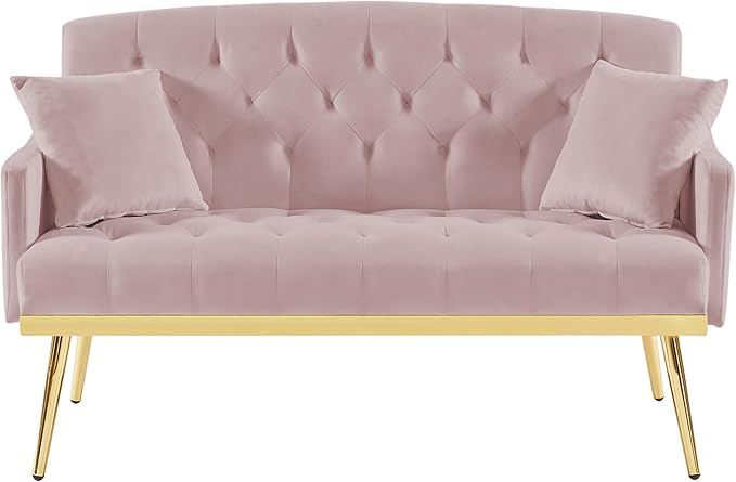 55-Inch Modern Velvet Loveseat Sofa with Gold Metal Legs &amp Side Pockets Tufted Backrest Perfect for Living Room Bedroom or Office (Pink)