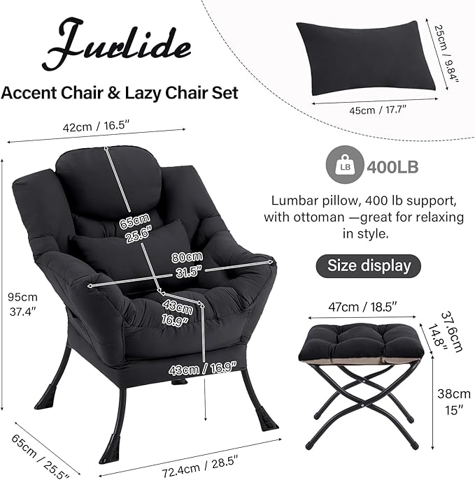 Lazy Chair with Ottoman Comfy Fabric Accent Lounge Arm Chair with Lumbar Pillow and Folding Footrest Reading Leisure Sofa Chair for Bedroom Living Room DormBlack