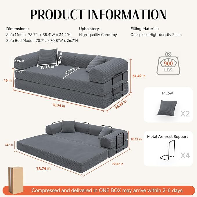 79 Corduroy Sofa Bed Boneless Couch in a Box with 2 Pillows High-Density Foam 4-in-1 Foldable Sleeper Futon Loveseat for Small Spaces No Assembly Side Pockets Dark Grey