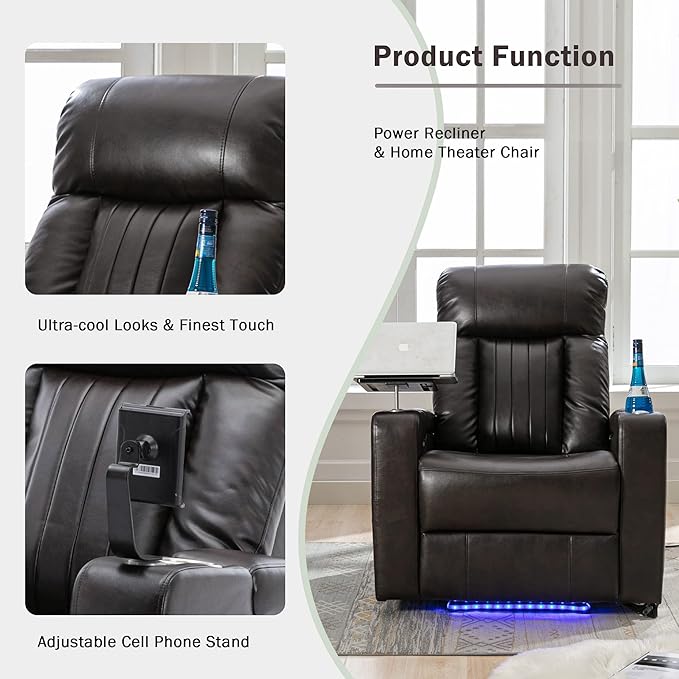Brown Power Recliner Chair with Cupholders &amp Storage - Armchair Electric Reclining with USB Port 360° Swivel Tray Table Cell Phone Stand Ambient Lighting Leather Living Room Chair for Home The