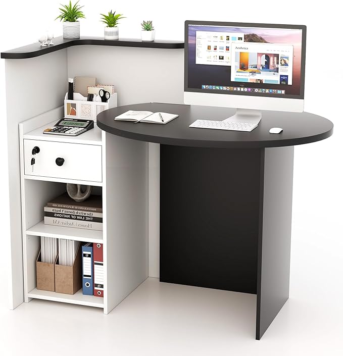 Reception Desk Small Retail Checkout Counter with Lockable Drawer and Open Shelves Wooden Computer Workstation for Home Office Lobby White Oval Desktop &amp Black Counter