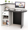 Reception Desk Small Retail Checkout Counter with Lockable Drawer and Open Shelves Wooden Computer Workstation for Home Office Lobby White Oval Desktop &amp Black Counter