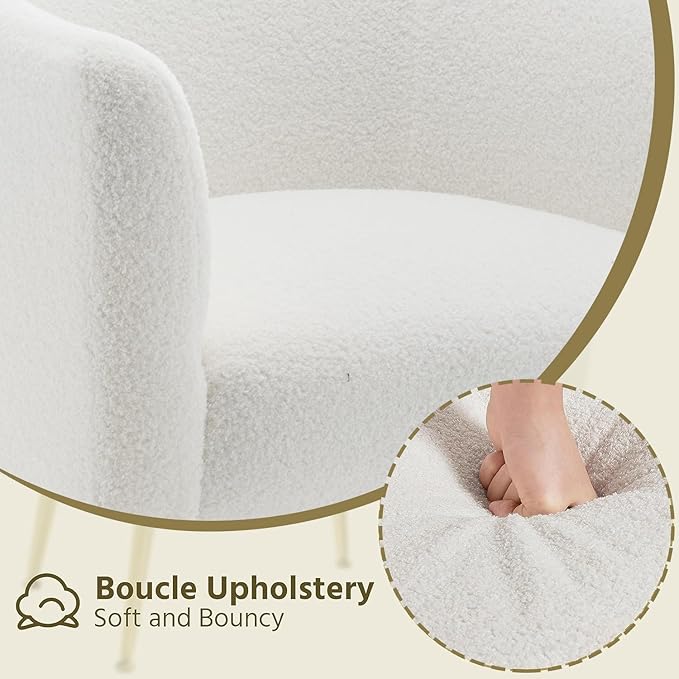 Modern Sherpa Boucle Accent Chair Set of 2 Upholstered Comfortable Armchair with Thicken Cushion Black Metal LegsComfy Reading Chairs for Living Room Bedroom Office(White)