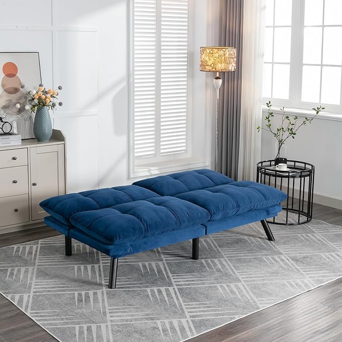 Anwick Futon Sofa Bed Velvet Convertible Futon Sleeper Couch 71 Sleeper Sofa Bed with Adjustable Backrest Modern Loveseat Couch for Compact Living Room Apartment Office (Blue)