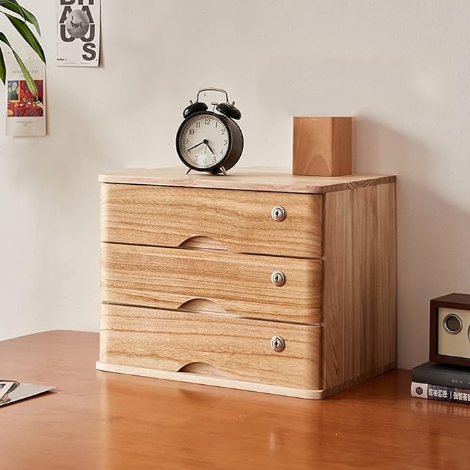 Desktop File Cabinet - Desktop Organizer Storage Box Desktop Drawer Cabinet with Lock 1/2/3/4 Tier Wooden Flat File Cabinet Storage Desktop Storage Cabinet/Data Cabinet (B 3 Drawer)