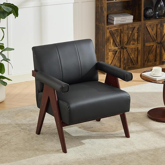 AODAILIHB Black Leather Accent ChairMid Century Modern Accent Chair Solid Wood Frame Black Leather Armchair Modern Reading &amp Living Room Chair for Office Guest &amp Waiting Room