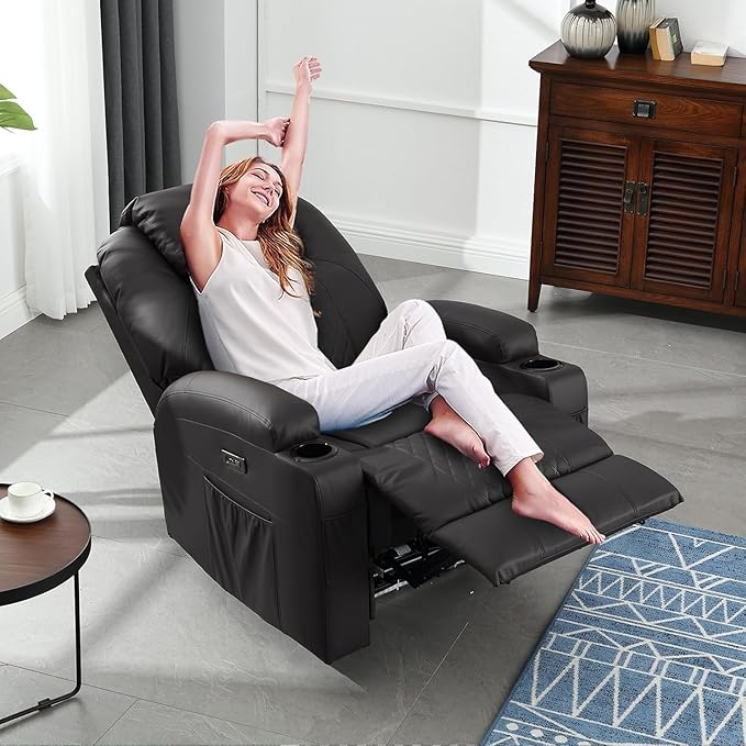 Power Recliner Chair with Heat and Massage PU Leather Home Theater Seating with LED Lights/Cup Holders/Side Pocket/USB Port Reclining Sofa Chair for Living Room (2 Black)