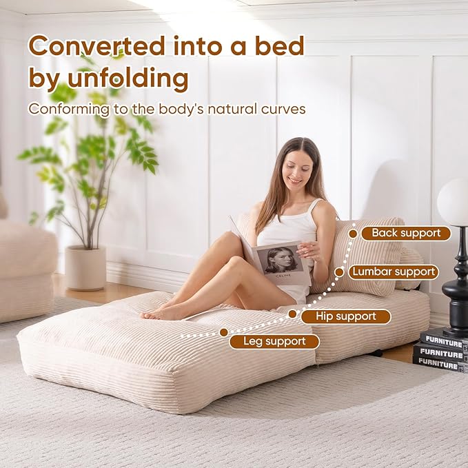 Waxberry Folding Sofa Couch Bed 36 Deep Oversized Seat Boneless Sofa Chair Corduroy Convertible Single Sleeper Chair Couch Bed for Living Room Portable Fold Out Chair Bed With Back Support (Beige)