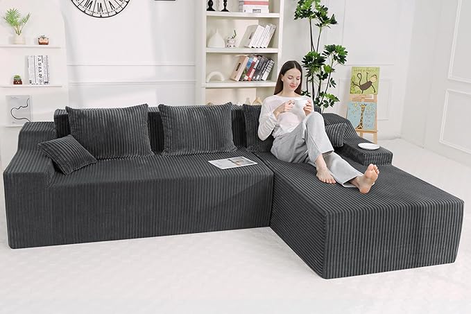HABUTWAY 101'' Modular Sectional Sofa Cloud Couch with Deep Seat Modern L-Shaped Convertible Couches Upholstered Couch with Chaise for Living Room Bedroom (Grey Right-Facing Chaise)